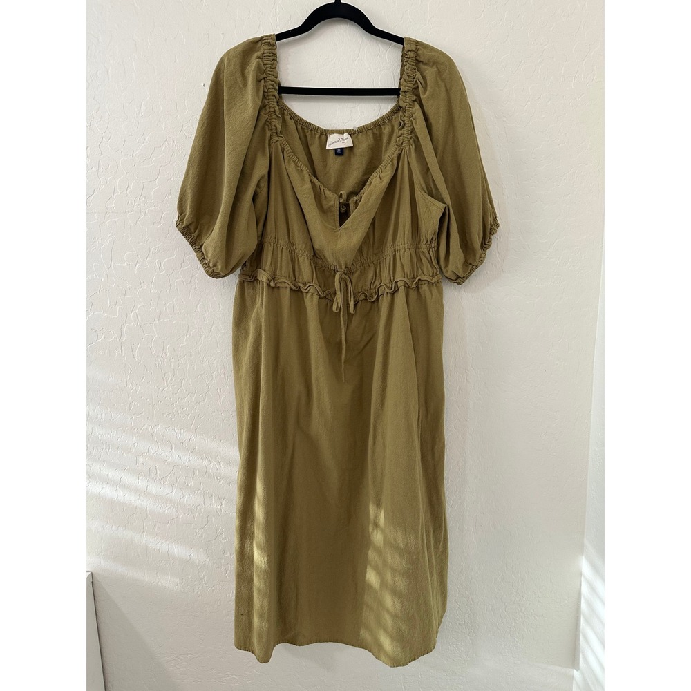 Universal Thread Women XXL Olive Green Cotton Puff Sleeve Midi Dress Cottagecore